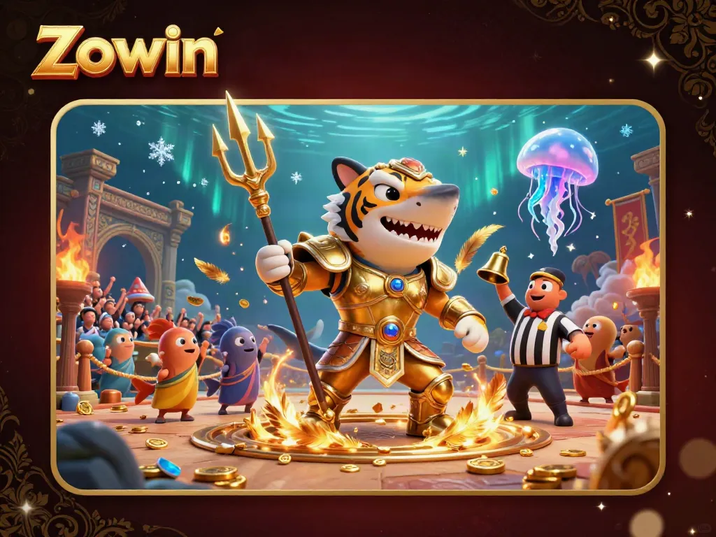 Zowin immersive 3D scene showcasing vibrant underwater casino combat with a gladiator shark and cheering fish.