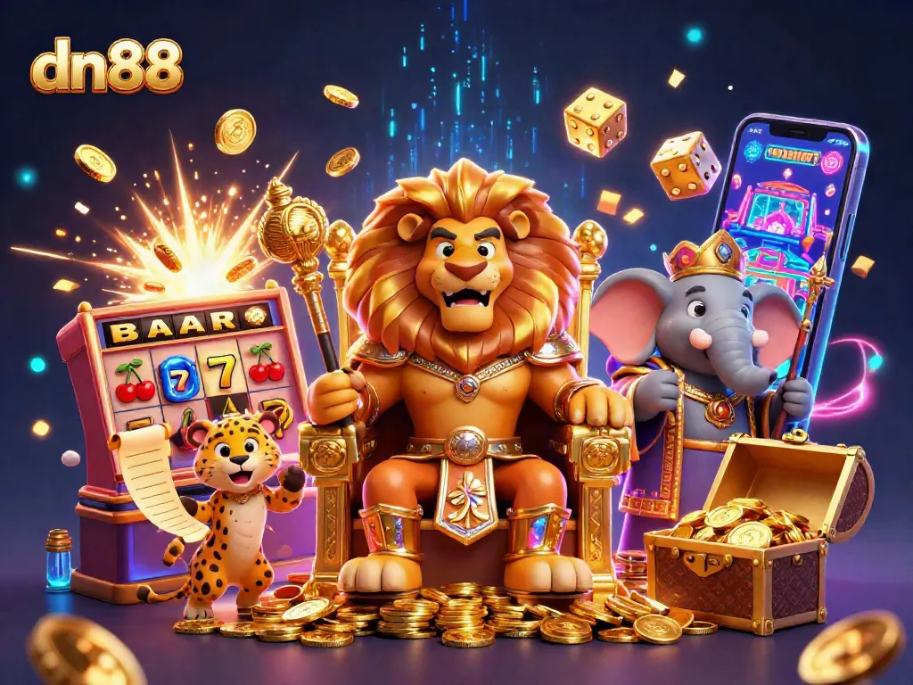 Experience the excitement of dn88 with a dynamic casino scene featuring thrilling slots and colorful games.