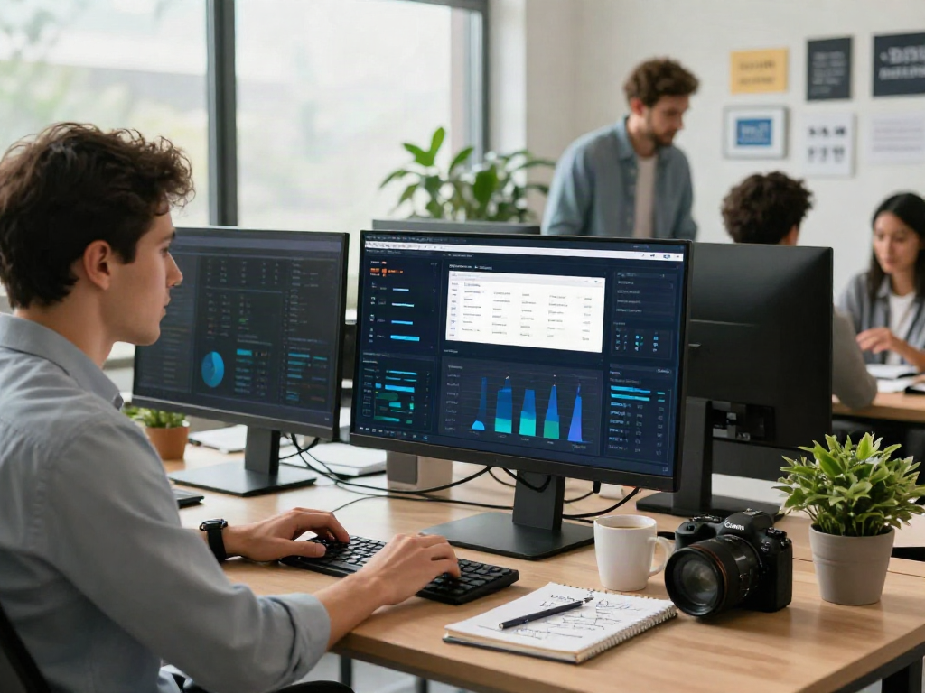 SEO specialist analyzing instant indexing data in a modern office environment