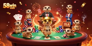 Engage in thrilling action at 58win com with a lively meerkat casino scene filled with colorful poker elements.