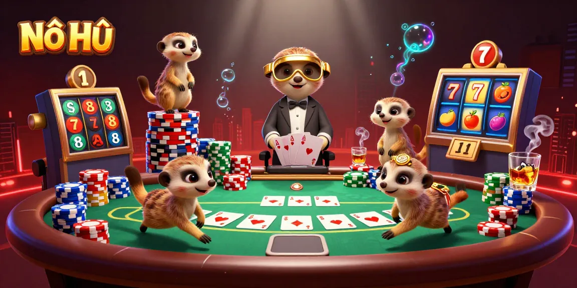 Nổ Hũ is being showcased in a dynamic 3D casino scene with meerkats engaging in lively gaming activities.