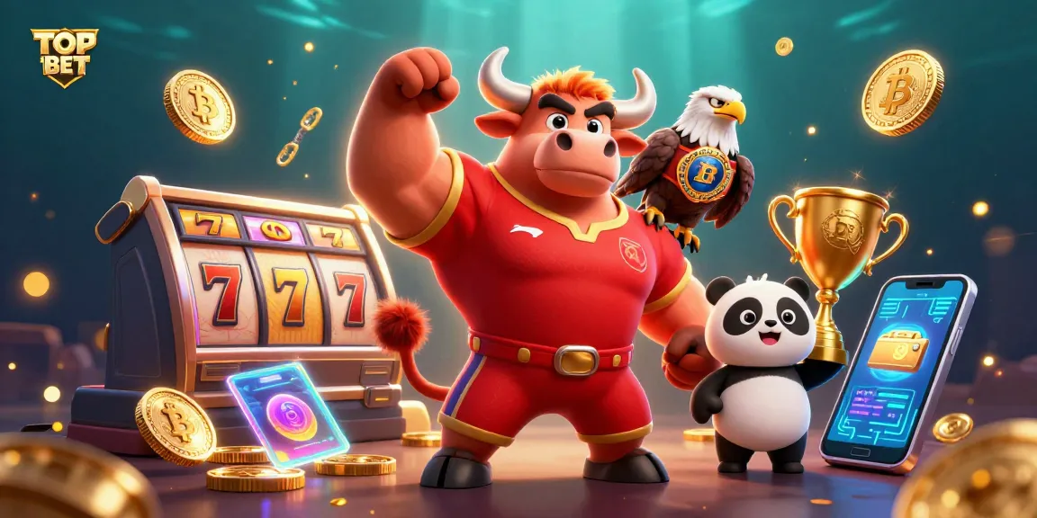 Engage in exciting slots at TOPBET with vibrant, colorful 3D characters celebrating wins amidst a backdrop of casino elements.