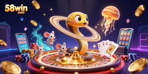 Experience thrilling gameplay with 58win com characters in a vibrant 3D casino scene.