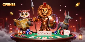 Experience the excitement of OPEN88 with epic characters in a vibrant casino scene.