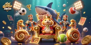 Engage in thrilling tai game iwin action with a hamster king on a shark throne amidst dynamic sports elements.