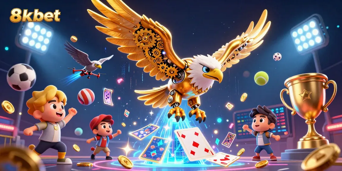 Experience thrilling gaming at 8xbet with a dynamic 3D casino scene showcasing golden eagle and sports elements.
