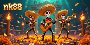 Experience nk88 as vibrant mariachi skeletons perform amidst a casino backdrop full of gold tokens and energetic details.
