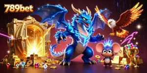 Join the excitement at 789bet with a dynamic casino scene featuring stunning characters and treasures.