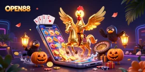 Experience the thrilling world of OPEN88 with vibrant games and dynamic characters in a high-quality casino scene.