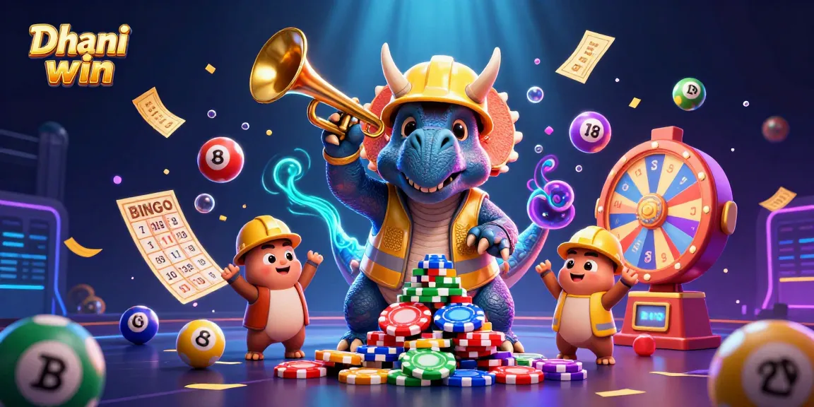 Dhani win brings excitement with a triceratops and dinosaur in a vibrant casino scene full of lottery elements.