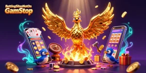 Engage with BettingSitesNotOnGamStop as a golden phoenix rises, surrounded by vibrant casino elements.