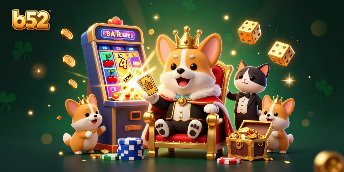 Experience thrilling b52 gameplay with a lively corgi-themed 3D casino illustration featuring vibrant slot machine elements.