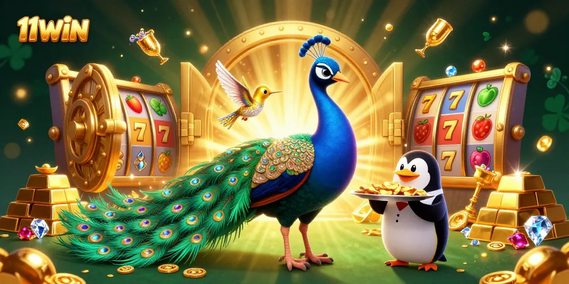 Experience elite gaming fun with 11WIN featuring a luxurious peacock, penguin, and dazzling casino treasures.