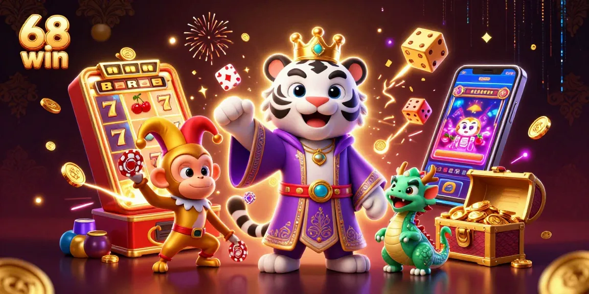 Experience the excitement of 68 win with a vibrant casino illustration featuring action-packed game elements.
