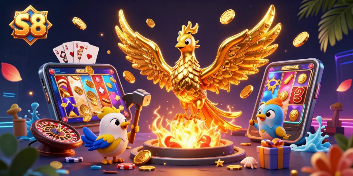 S8 offers a vibrant gaming experience with a golden phoenix emerging from a forge alongside dynamic casino elements.