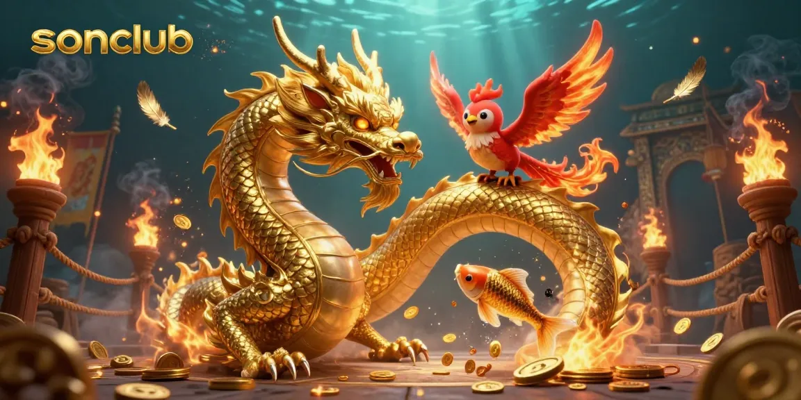 Experience the thrill of gaming at sonclub with a dynamic scene showcasing a dragon, phoenix, and koi fish.