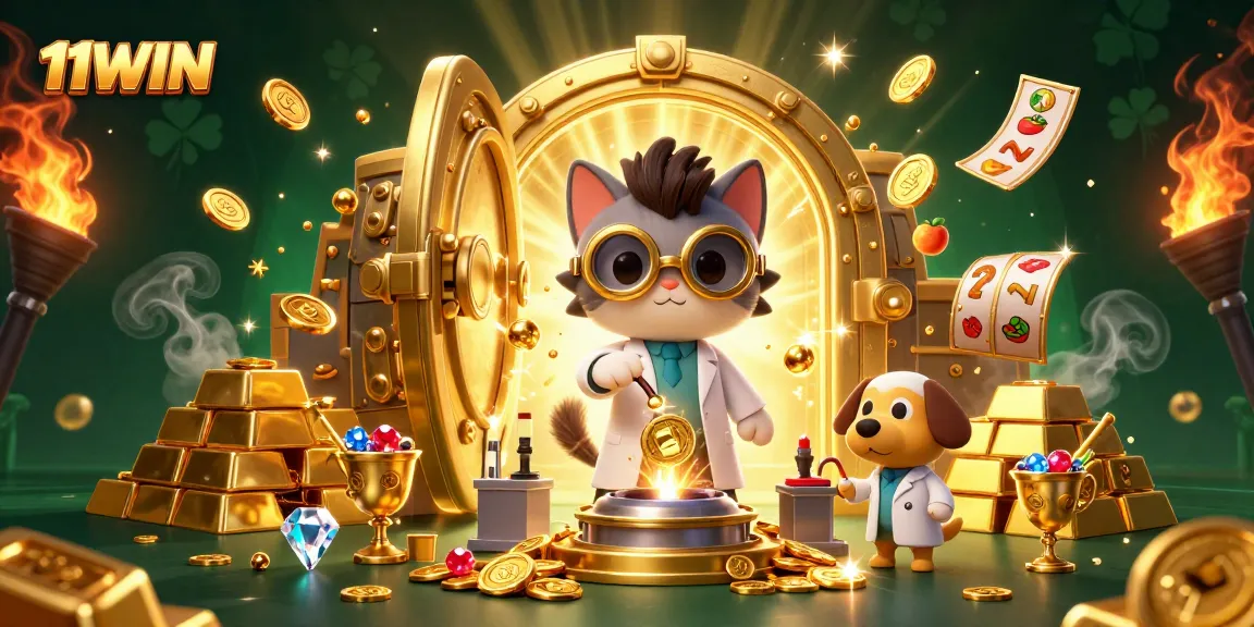 Experience the excitement of 11WIN with slot reels and gold treasures in a vibrant casino scene.