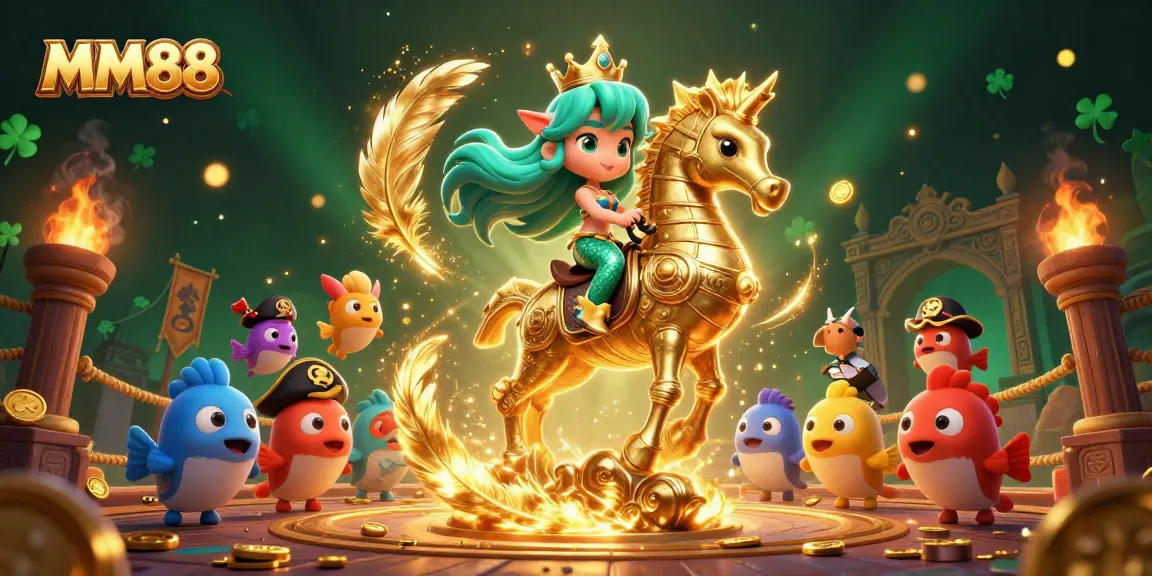 Engage with MM88's vibrant online casino gaming through an enchanting scene featuring a princess and seahorse.