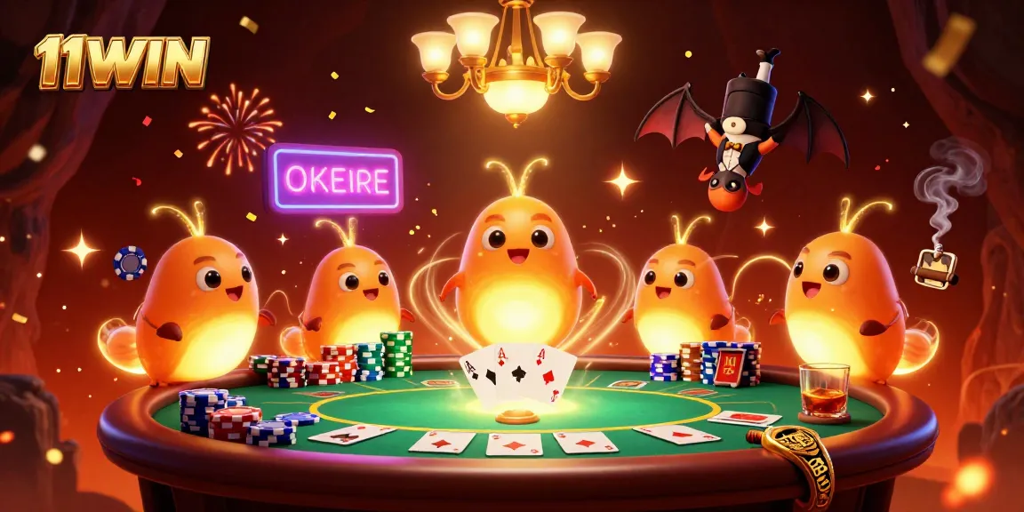 Experience the excitement at 11WIN casino with vibrant glowworms lighting the poker scene.