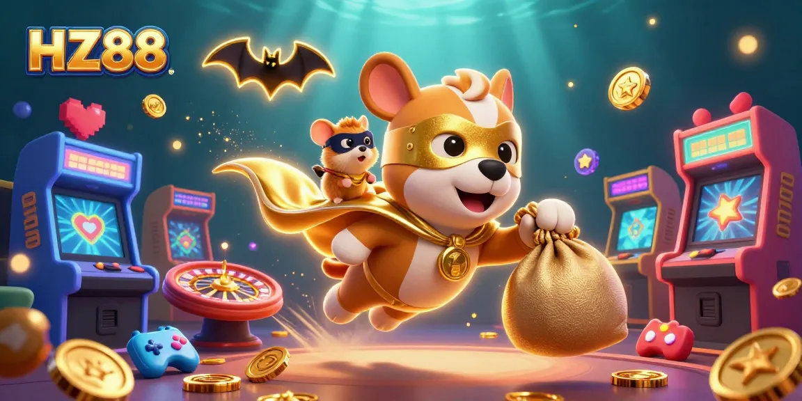 Experience the excitement of HZ88 casino with a heroic dog and hamster amidst vibrant gaming elements.