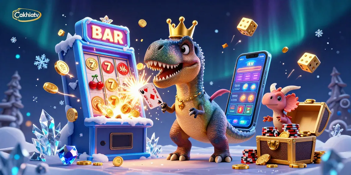 Cakhiatv showcases a whimsical scene with a T-Rex shuffling cards and a triceratops stacking chips amidst a dynamic casino atmosphere.