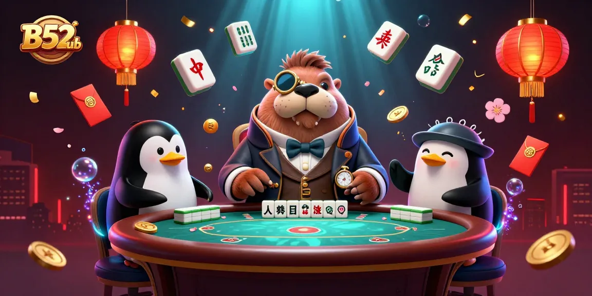 B52Club invites players to engage in a dynamic underwater poker scene featuring a walrus, penguin dealer, and a bluffing pufferfish.