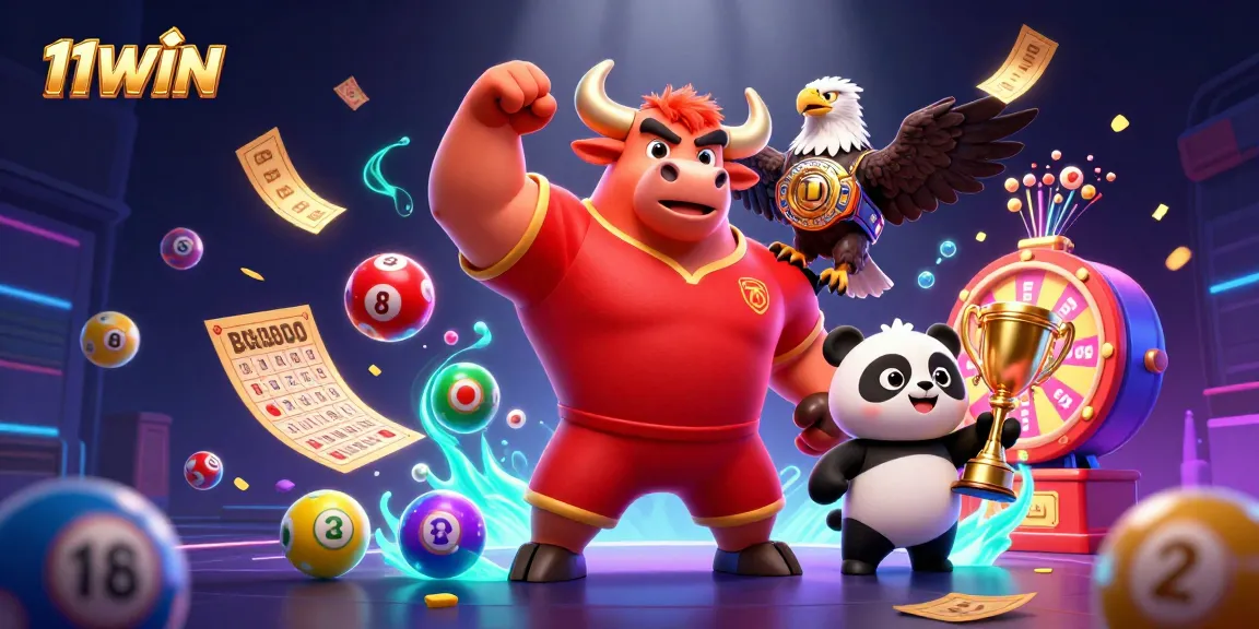 Experience thrilling wins with 11WIN's vibrant casino illustration featuring a bull, eagle, and panda.