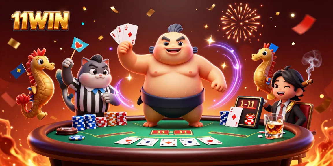 Engage with 11WIN in this vibrant 3D scene featuring a poker showdown with exciting characters.