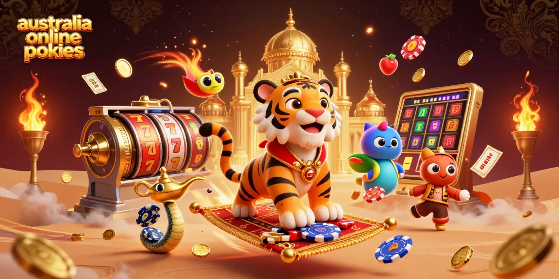 A dynamic scene of the best australia online pokies featuring a cartoon tiger sultan on a flying carpet surrounded by vibrant slot reels.