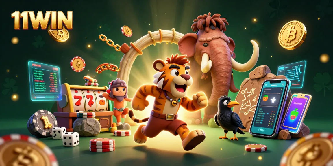 Experience thrilling slot action with the vibrant 11WIN caveman and sabertooth tiger casino scene.