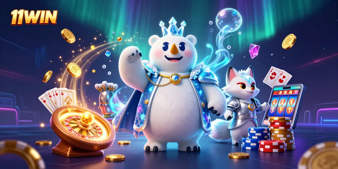 Spin and win at 11WIN with the ice king polar bear and snow fox amidst dazzling casino elements.